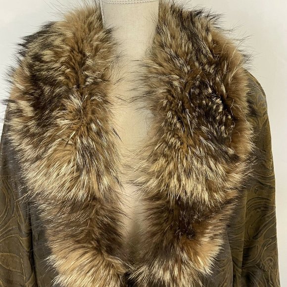 Northern Lights Bloomingdale's Fox Fur Collar Tooled Leather Jacket Small - Picture 2 of 10